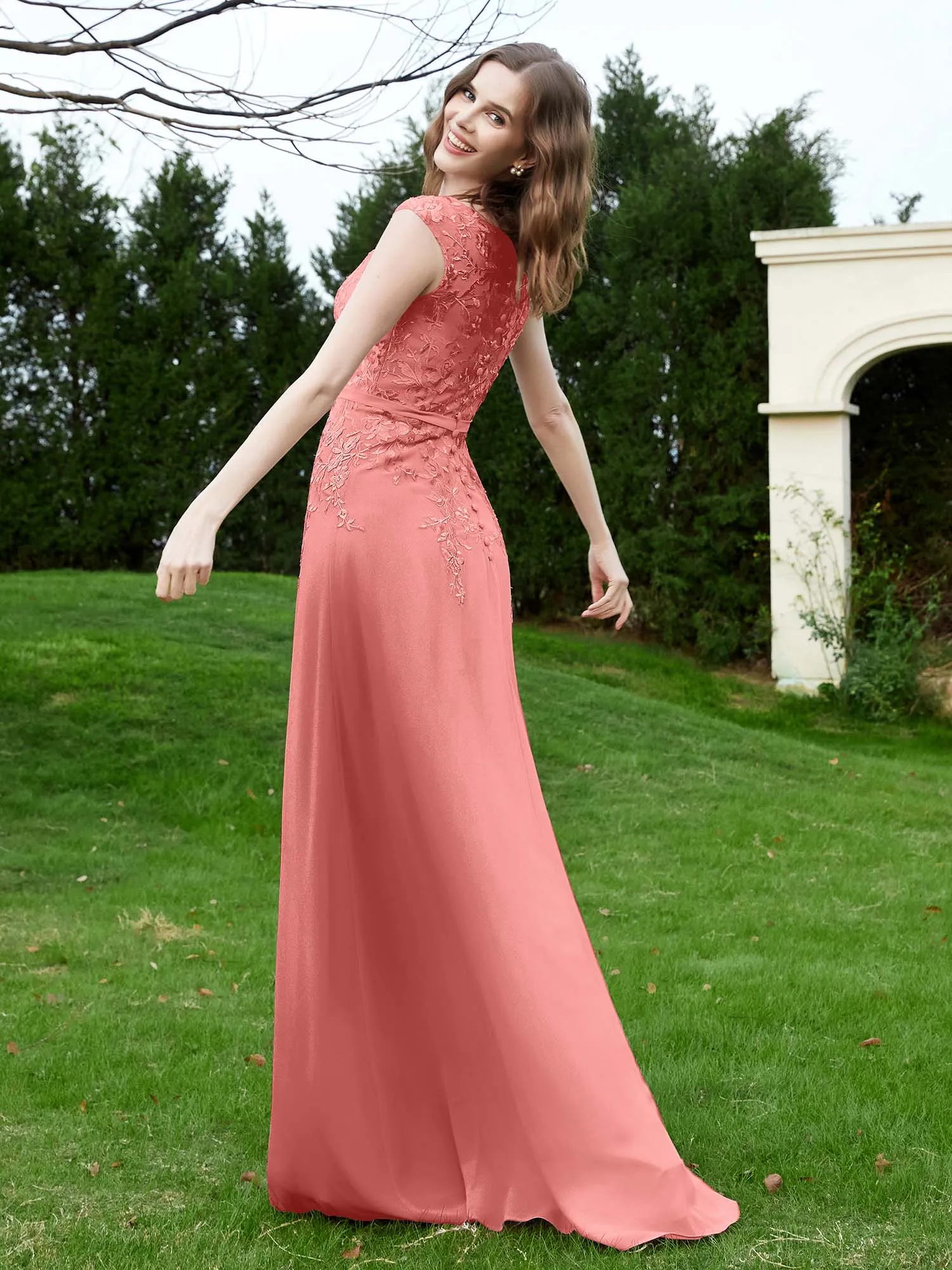 Elegant Illusion Lace Appliqued Dress With Buttons Sunset