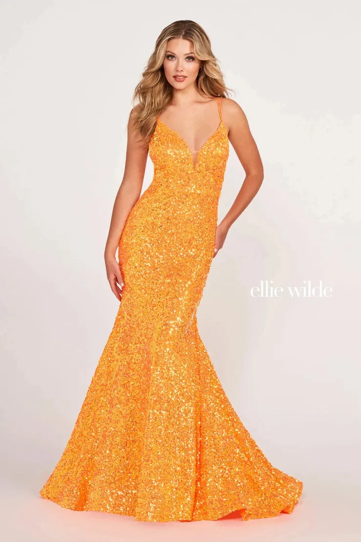 Ellie Wilde EW34016 Size 16 Forest Light Long Sequin Mermaid Corset Formal Prom Dress Backless V Neck Iridescent