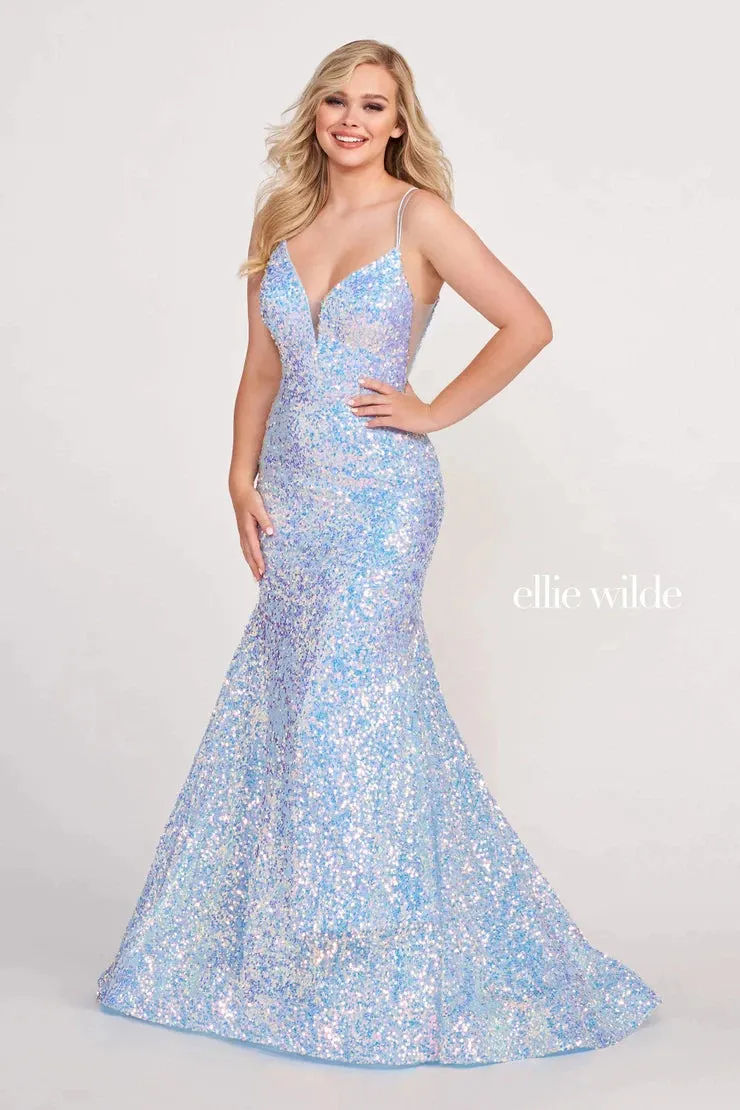 Ellie Wilde EW34016 Size 16 Forest Light Long Sequin Mermaid Corset Formal Prom Dress Backless V Neck Iridescent