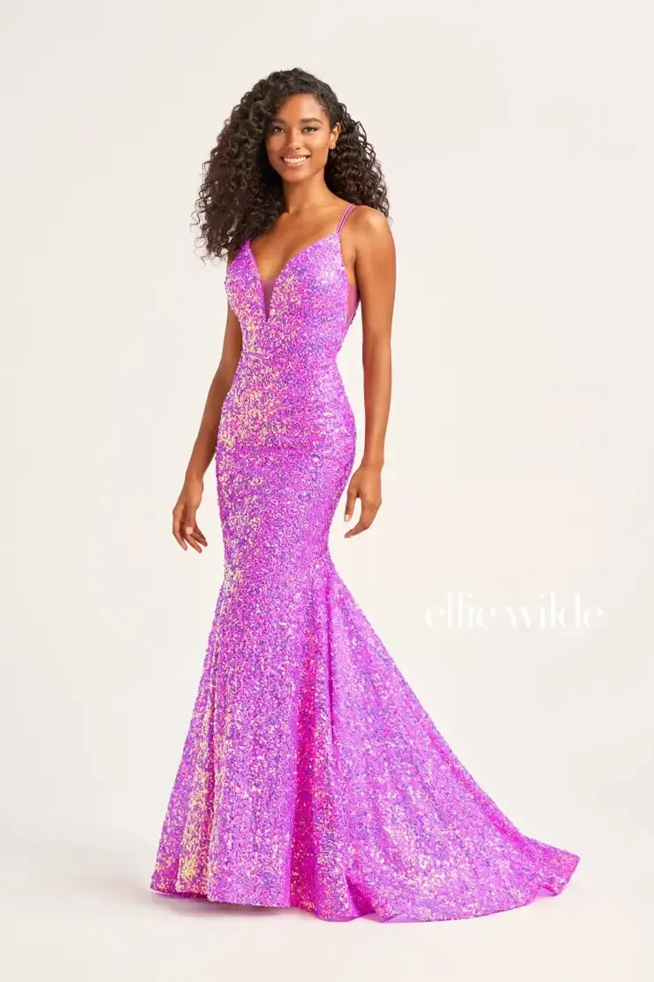 Ellie Wilde EW34016 Size 16 Forest Light Long Sequin Mermaid Corset Formal Prom Dress Backless V Neck Iridescent