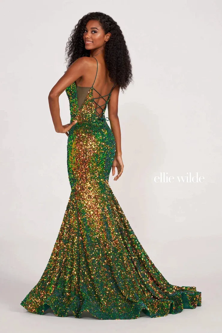 Ellie Wilde EW34016 Size 16 Forest Light Long Sequin Mermaid Corset Formal Prom Dress Backless V Neck Iridescent