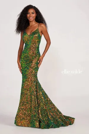 Ellie Wilde EW34016 Size 16 Forest Light Long Sequin Mermaid Corset Formal Prom Dress Backless V Neck Iridescent