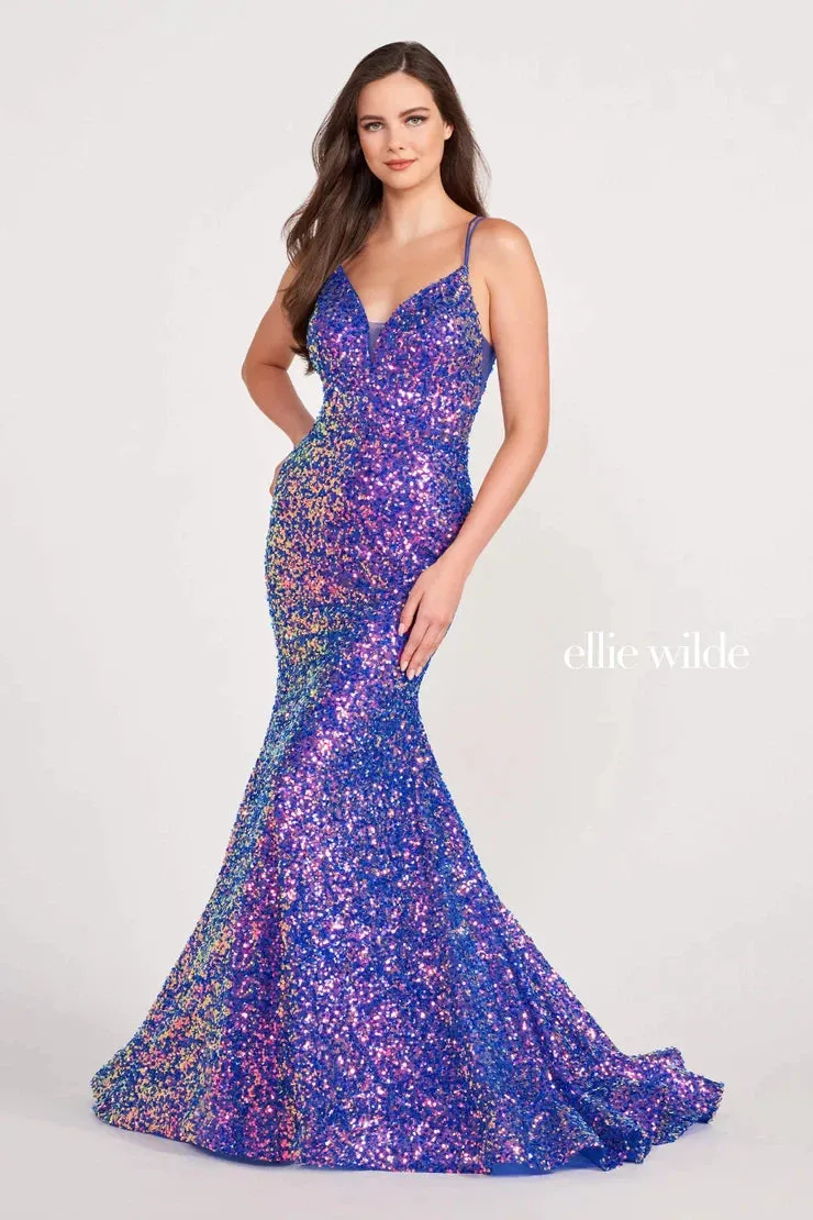Ellie Wilde EW34016 Size 16 Forest Light Long Sequin Mermaid Corset Formal Prom Dress Backless V Neck Iridescent