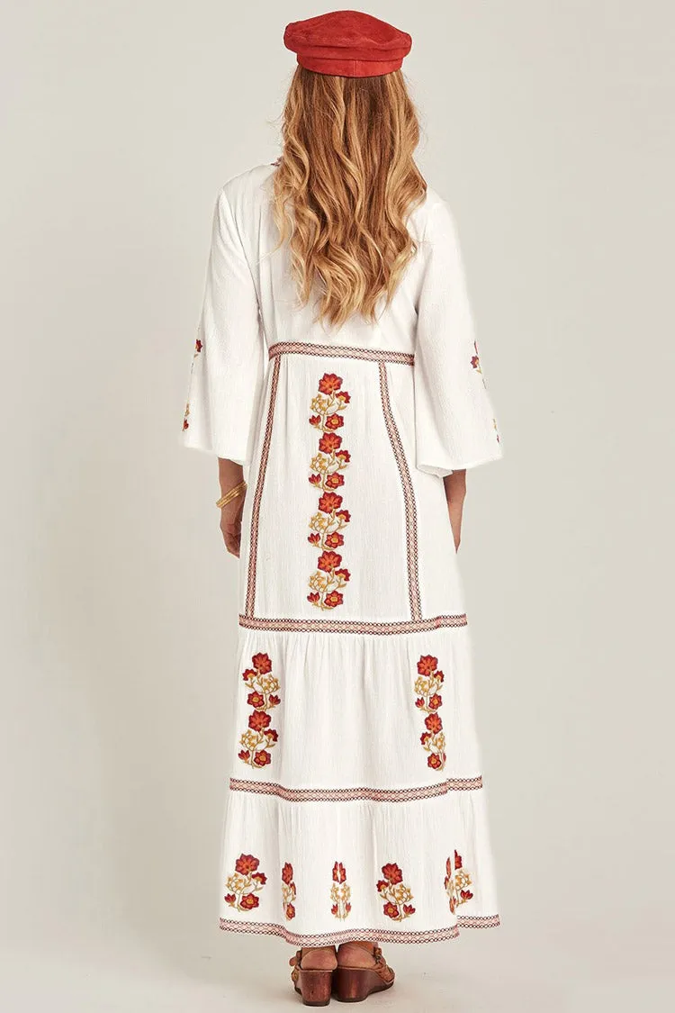 Floral Embroidered 3/4 Sleeve Boho Style Maxi Dress - White