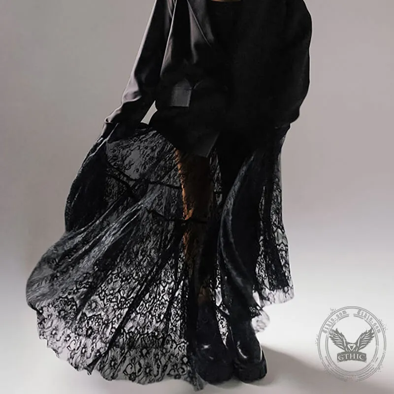 Floral pattern High Waist Flare Maxi Lace skirt