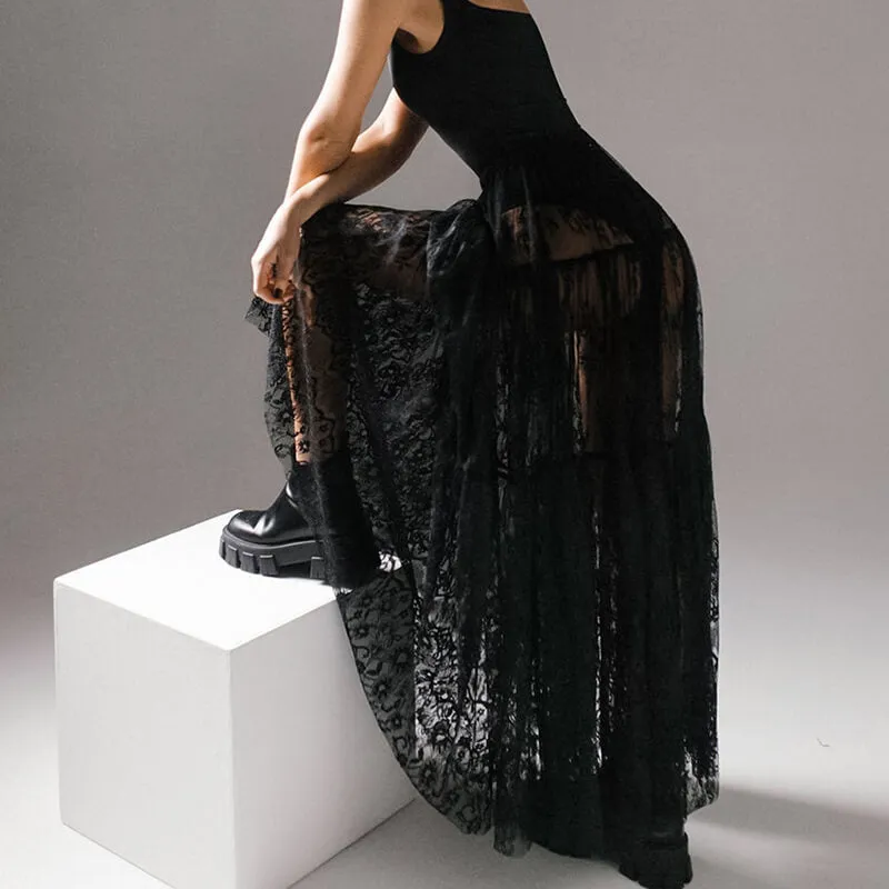 Floral pattern High Waist Flare Maxi Lace skirt