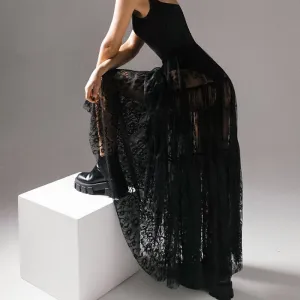Floral pattern High Waist Flare Maxi Lace skirt