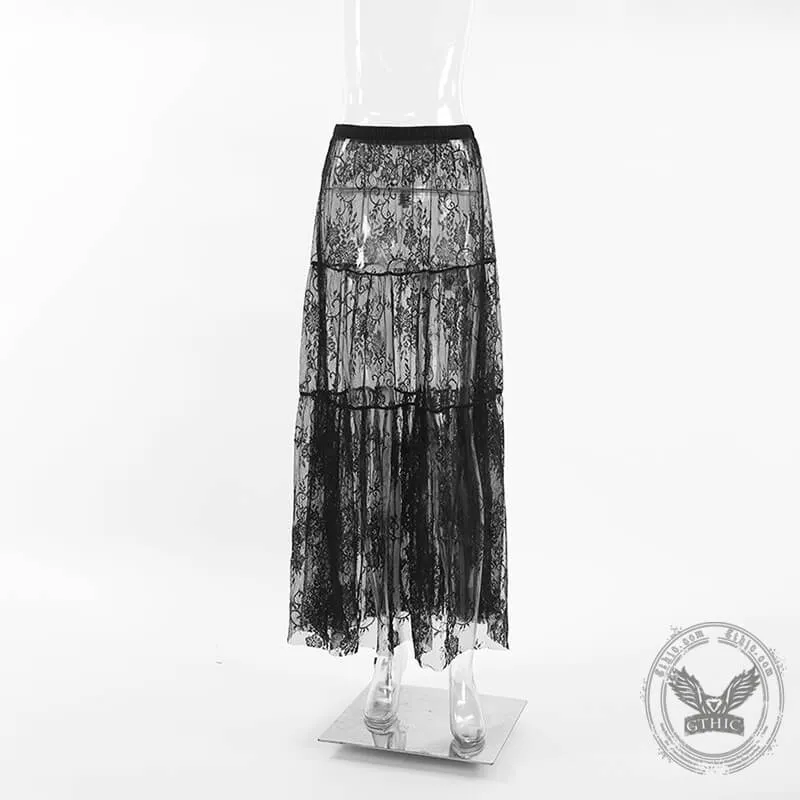 Floral pattern High Waist Flare Maxi Lace skirt