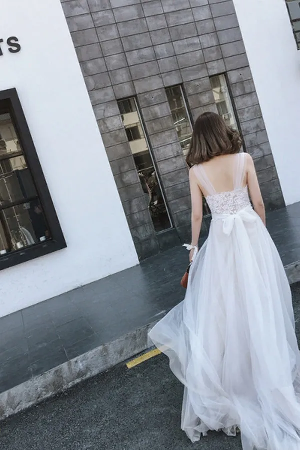 Flowy Ivory A-line Open Back Long Lace Tulle Beach Wedding Dress