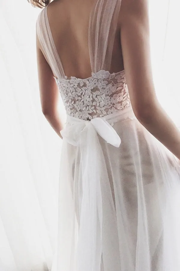 Flowy Ivory A-line Open Back Long Lace Tulle Beach Wedding Dress