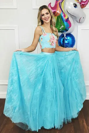 Flowy Two Pieces Long A-line Lace Tulle Prom Dress For Teens