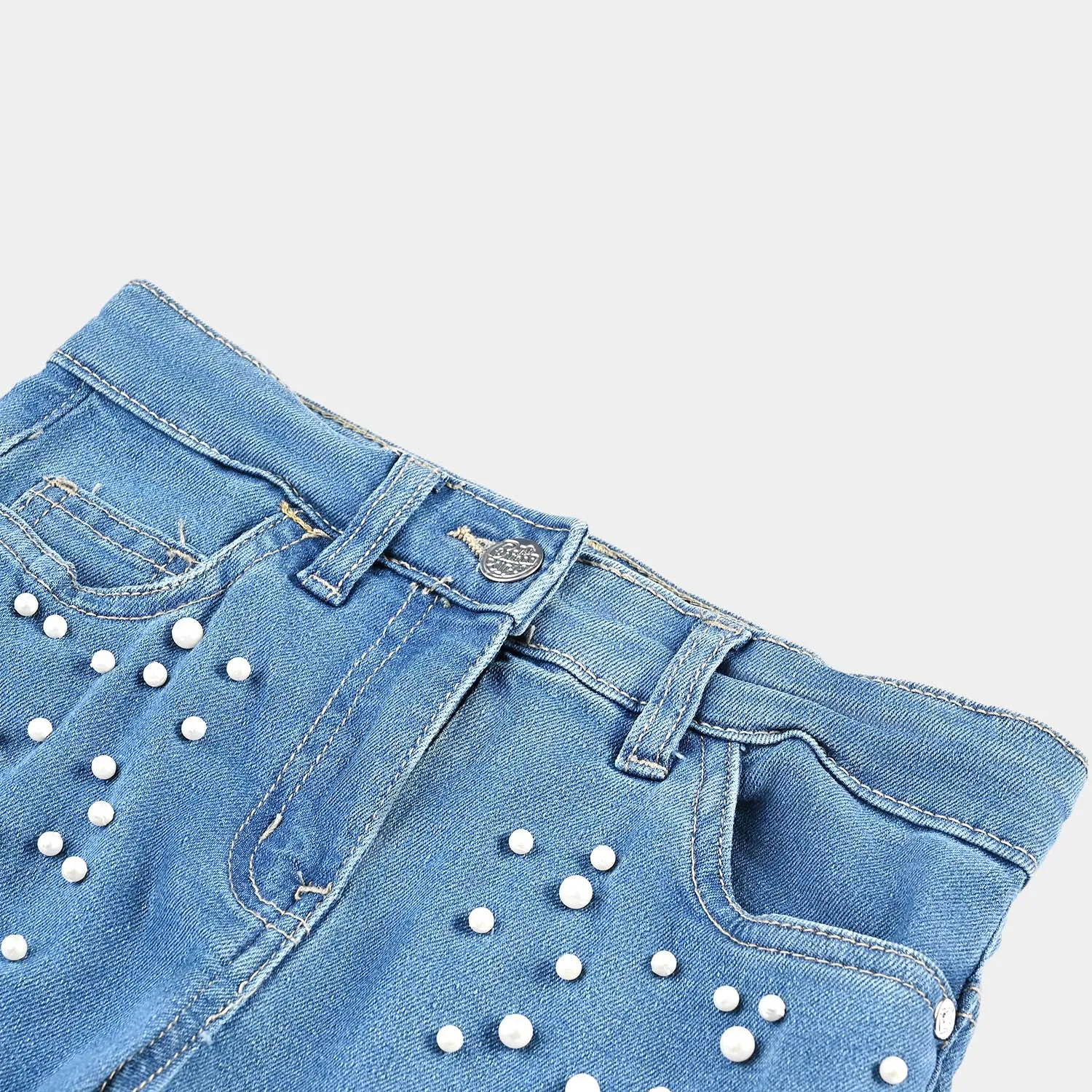 Girls Denim Stretch Pant Big Pearls-Mid Blue