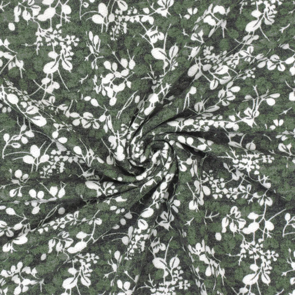 Green-Multi Floral Printed Stretch Poly-Cotton French Terry Knit Fabric