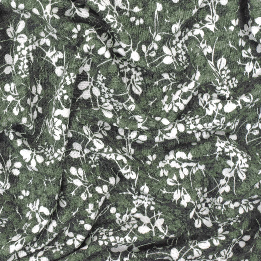 Green-Multi Floral Printed Stretch Poly-Cotton French Terry Knit Fabric