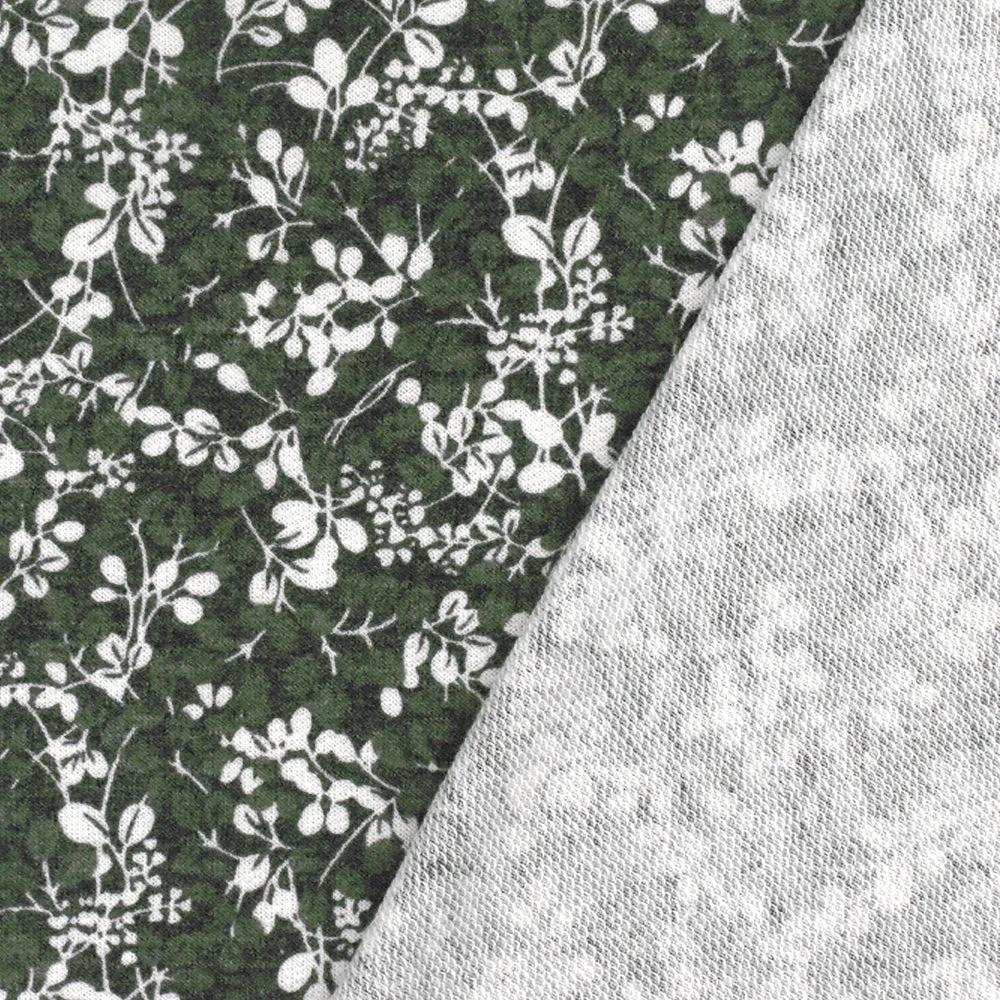 Green-Multi Floral Printed Stretch Poly-Cotton French Terry Knit Fabric