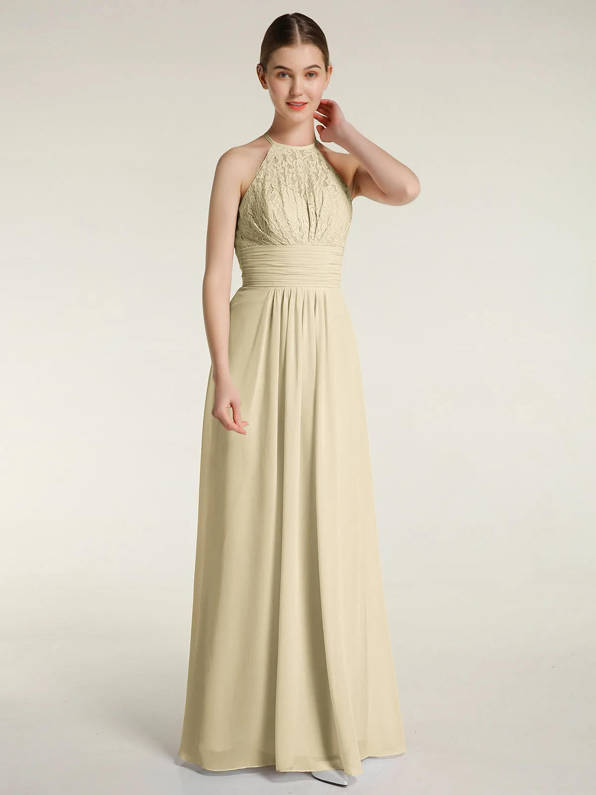 Halter Chiffon And Lace Long Dresses Champagne Plus Size
