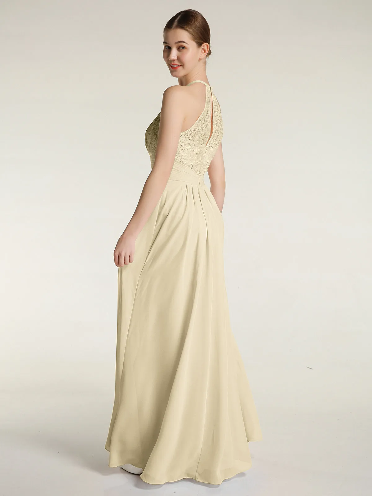 Halter Chiffon And Lace Long Dresses Champagne Plus Size