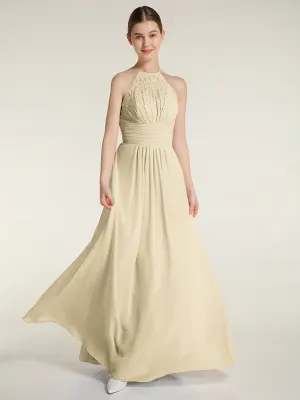 Halter Chiffon And Lace Long Dresses Champagne Plus Size