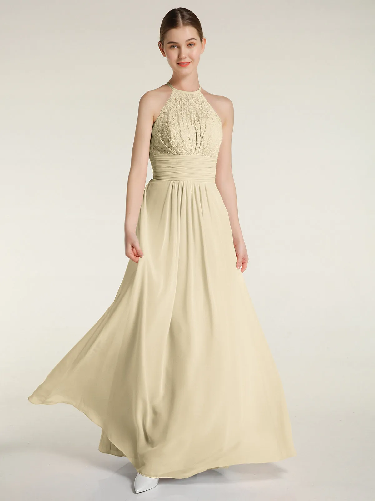 Halter Chiffon And Lace Long Dresses Champagne Plus Size