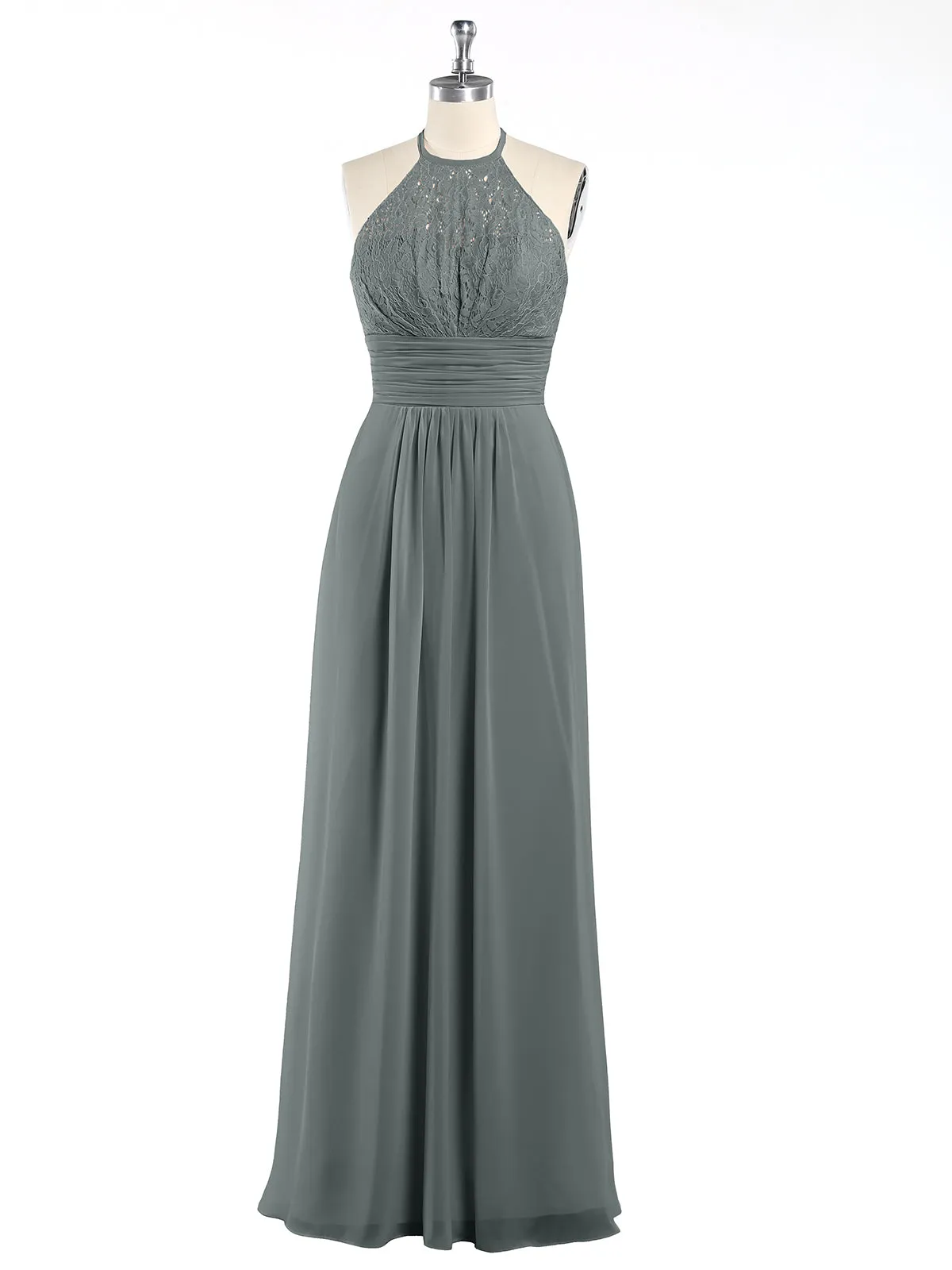 Halter Chiffon And Lace Long Dresses Steel Grey