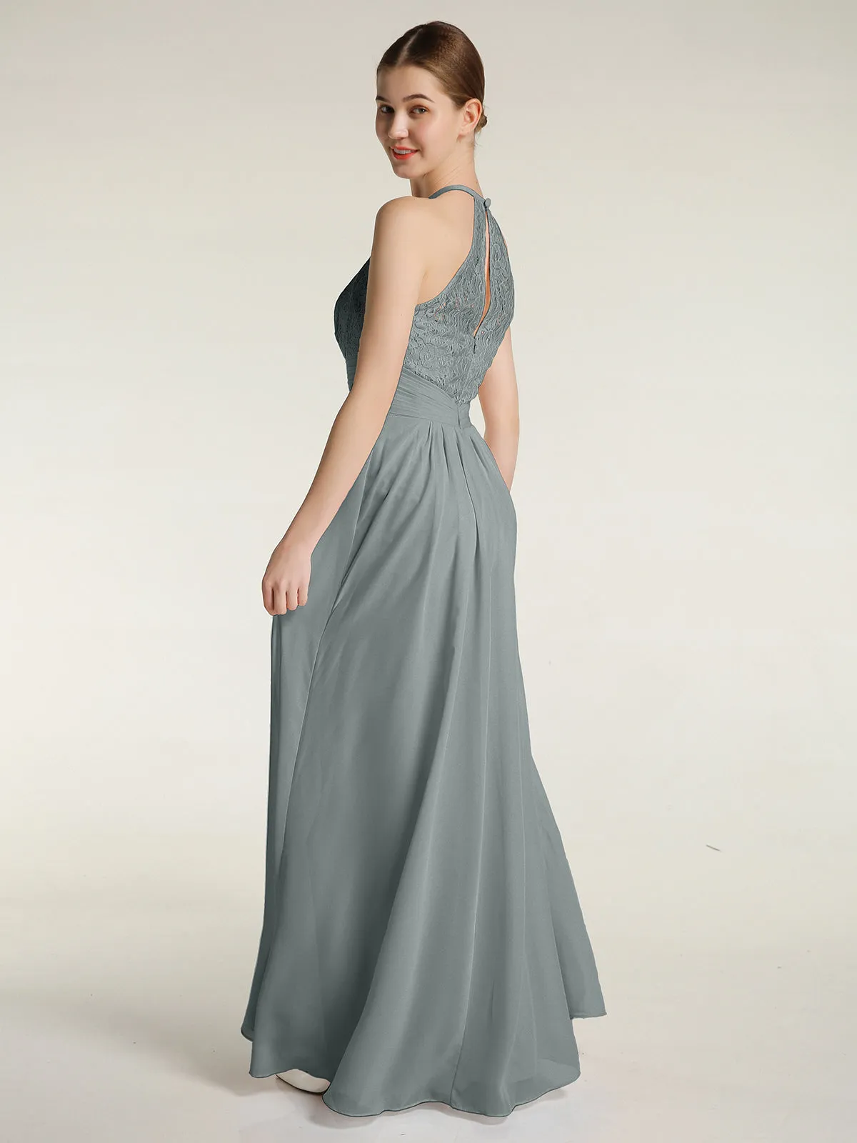Halter Chiffon And Lace Long Dresses Steel Grey