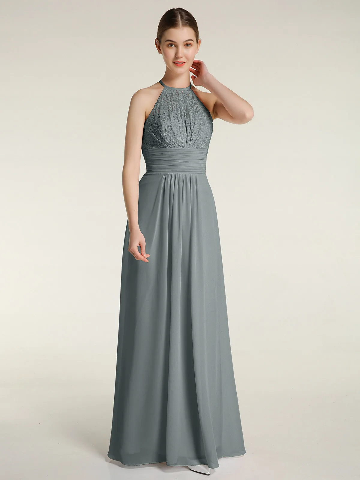 Halter Chiffon And Lace Long Dresses Steel Grey