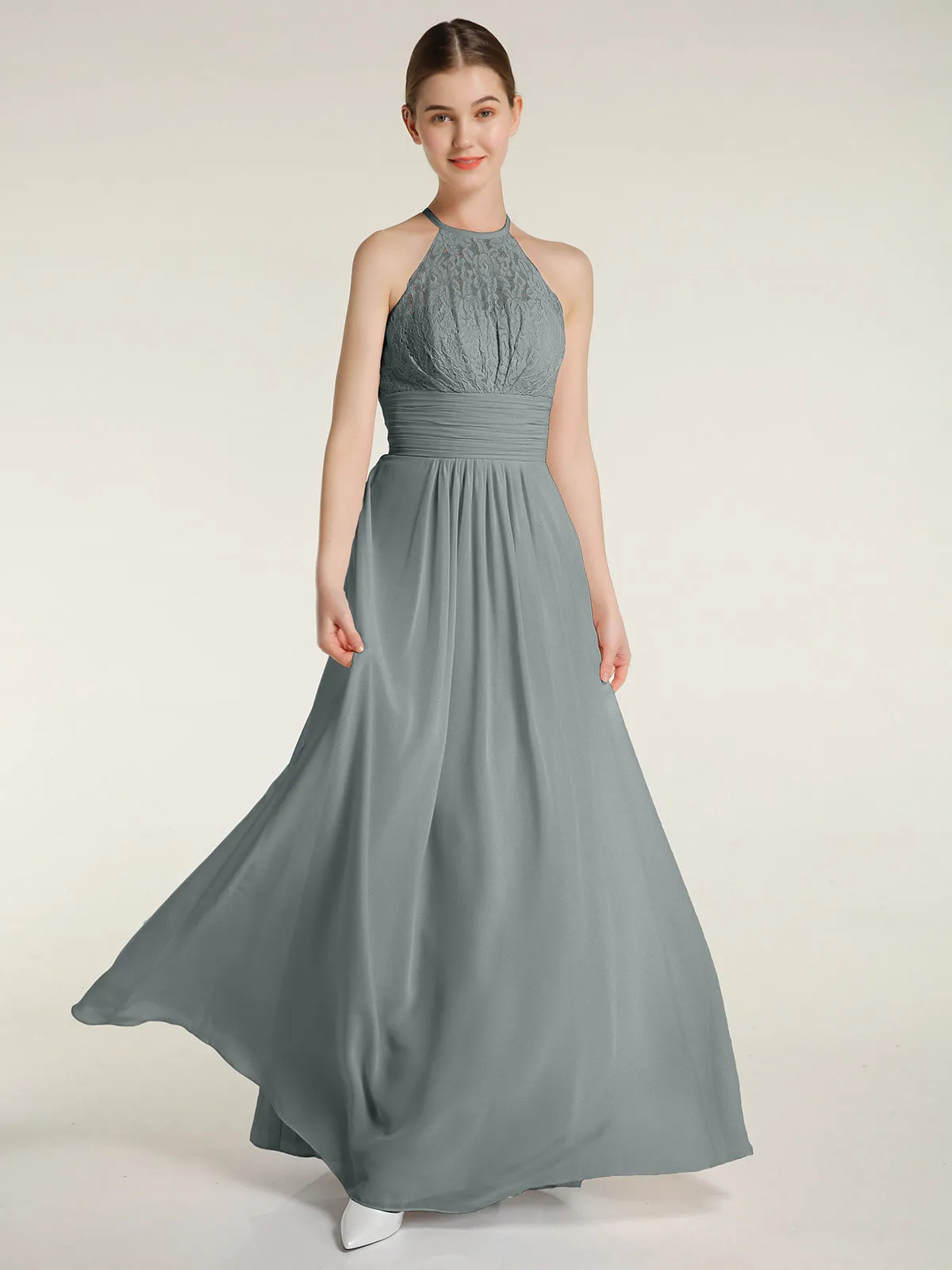Halter Chiffon And Lace Long Dresses Steel Grey