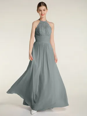 Halter Chiffon And Lace Long Dresses Steel Grey