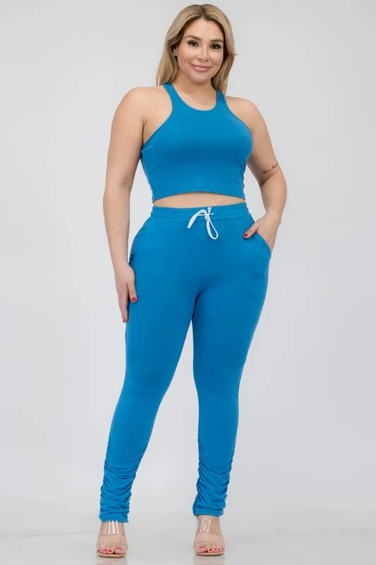 Hi Curvy Plus Size Women Crop Tank Top & Ruched Pants Set