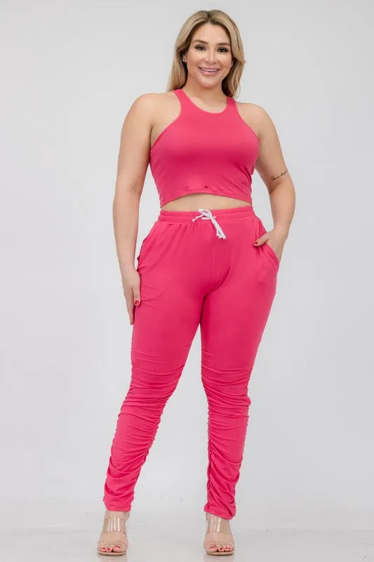Hi Curvy Plus Size Women Crop Tank Top & Ruched Pants Set