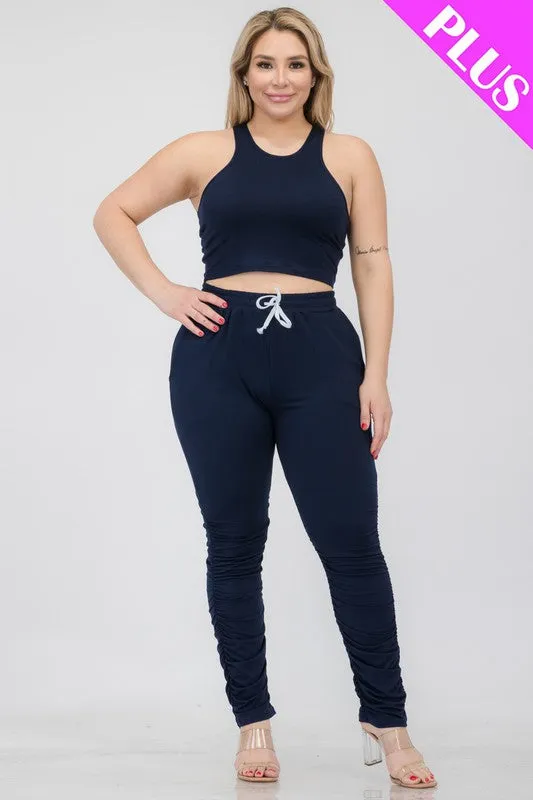 Hi Curvy Plus Size Women Crop Tank Top & Ruched Pants Set