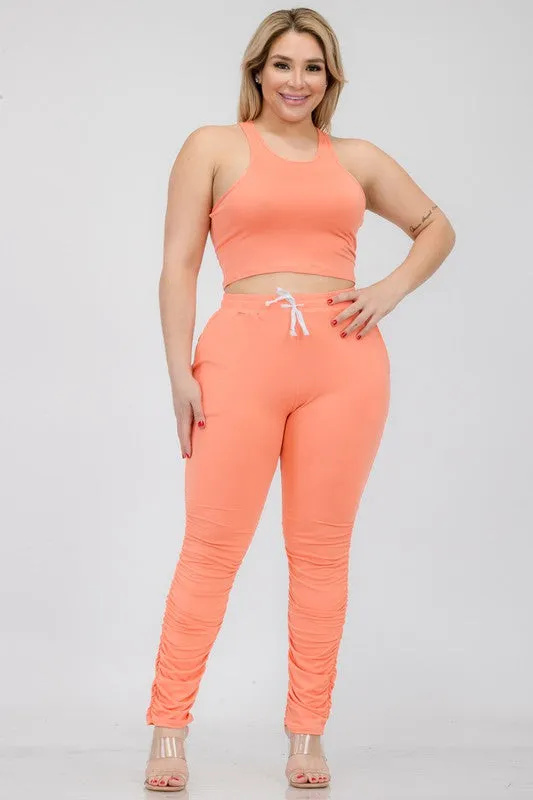Hi Curvy Plus Size Women Crop Tank Top & Ruched Pants Set