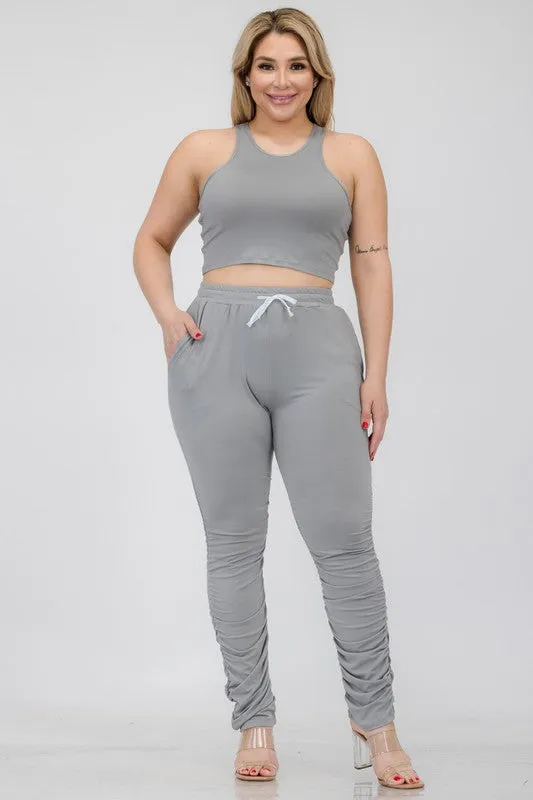 Hi Curvy Plus Size Women Crop Tank Top & Ruched Pants Set