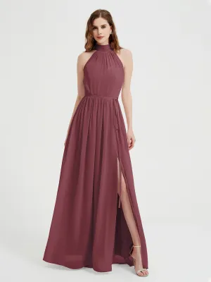 High Neck Chiffon Dresses with Slit and Sash Bow-Mulberry Plus Size