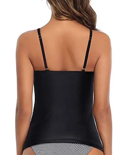 High Neck Tankini Top Adjustable Tunnel And Straps Swim Top-Black
