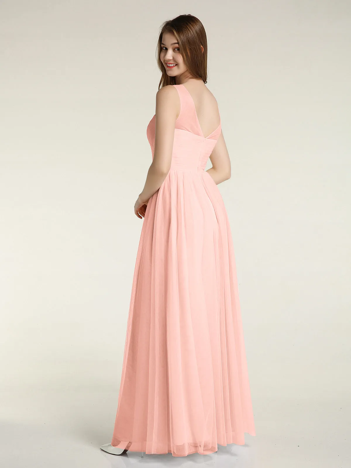 Illusion Neck Cross Tulle Bridesmaid Dresses-Coral Plus Size