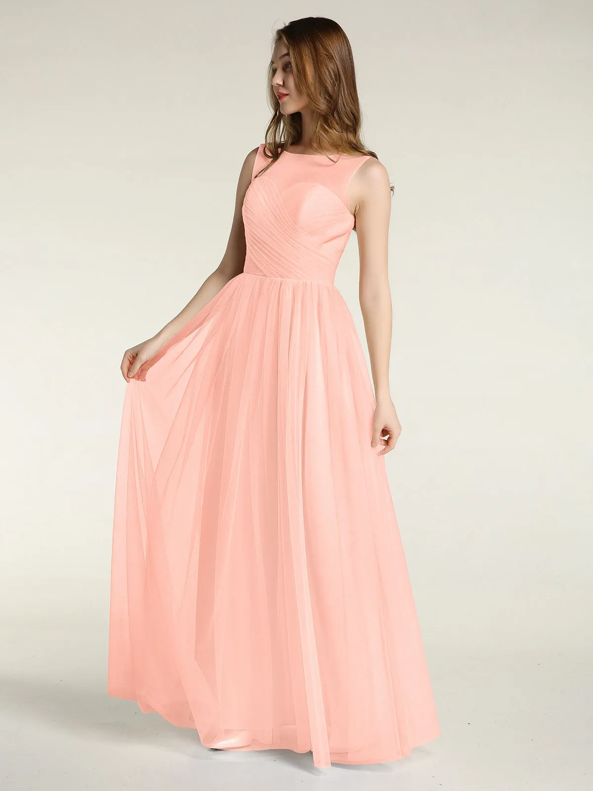 Illusion Neck Cross Tulle Bridesmaid Dresses-Coral Plus Size