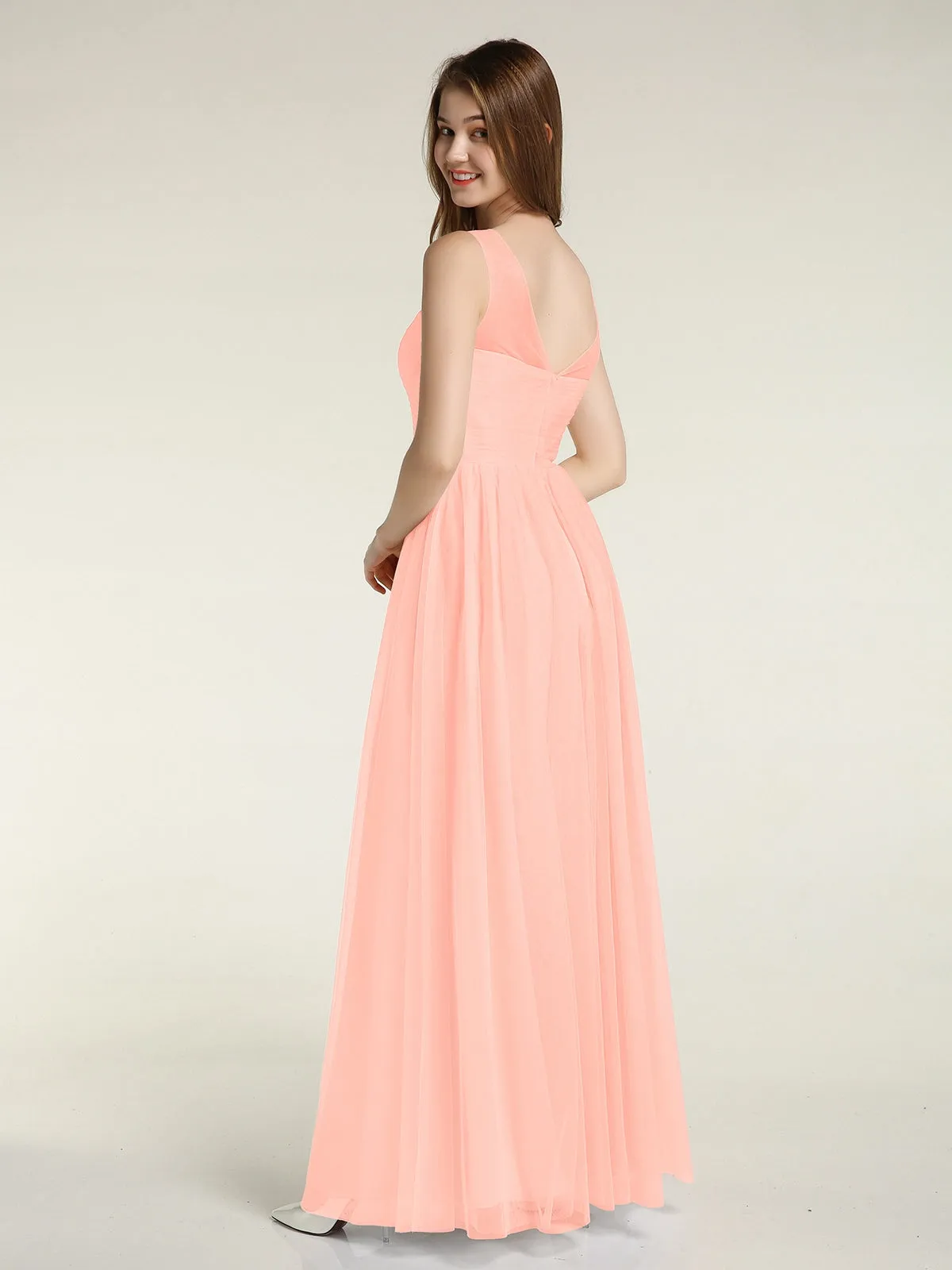 Illusion Neck Cross Tulle Bridesmaid Dresses-Coral Plus Size