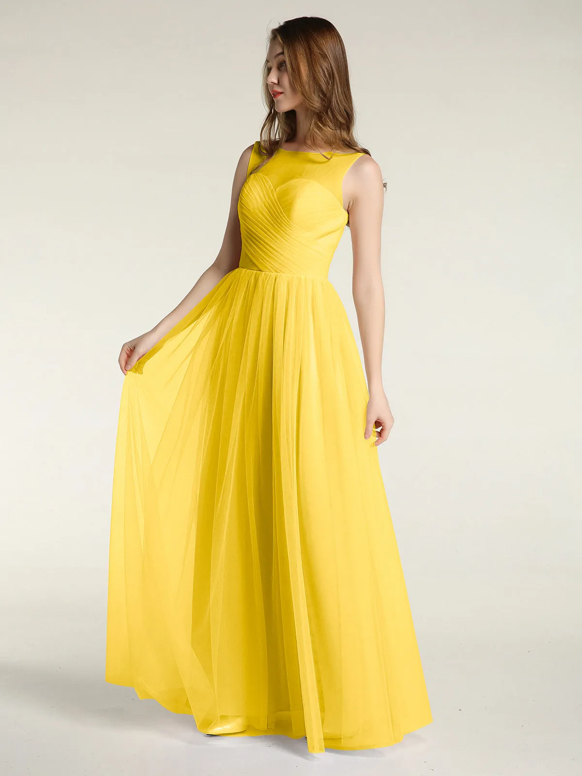 Illusion Neck Cross Tulle Bridesmaid Dresses-Marigold Plus Size