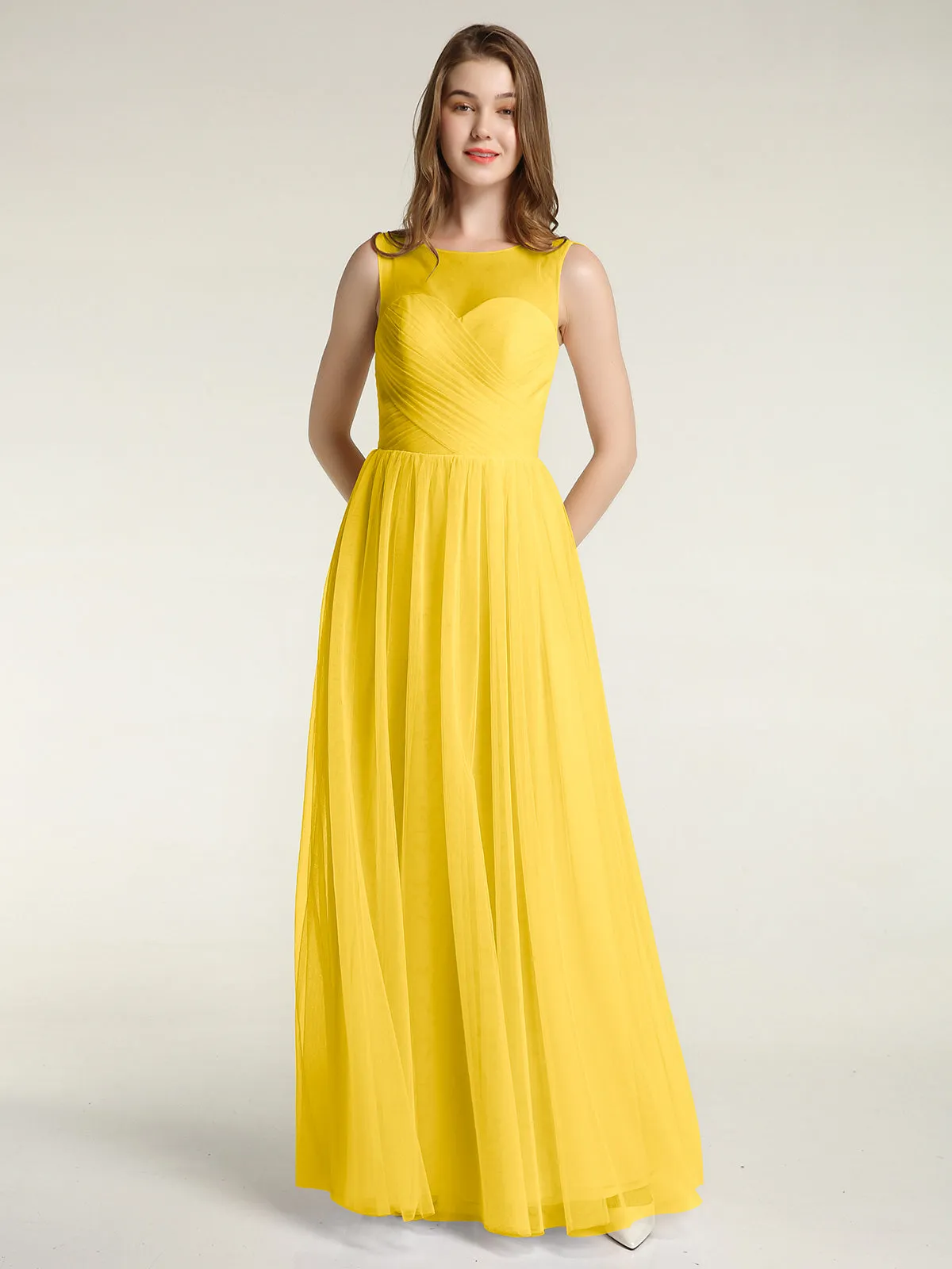 Illusion Neck Cross Tulle Bridesmaid Dresses-Marigold Plus Size