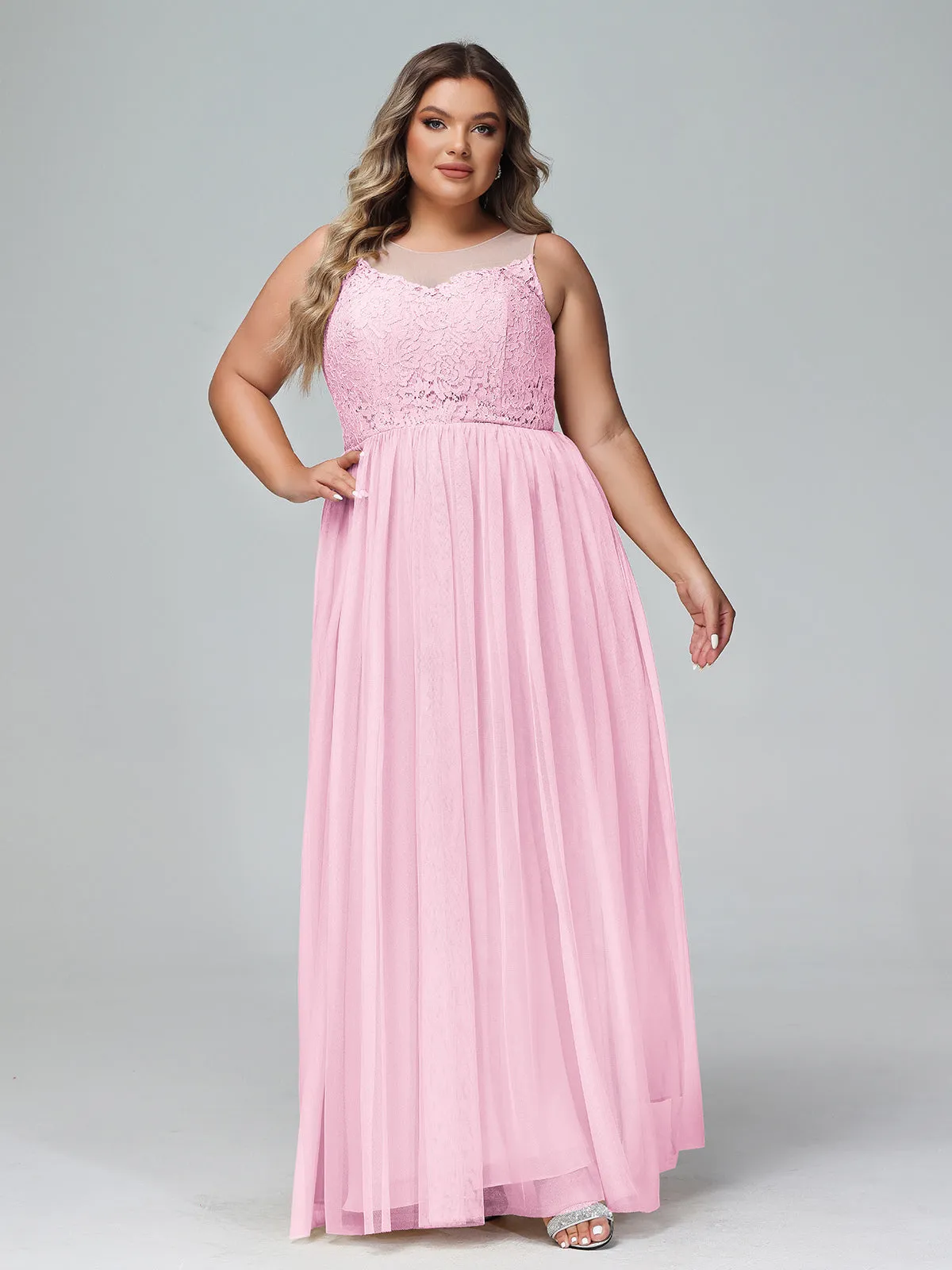Illusion Neckline Lace and Tulle Maxi Dress-Candy Pink Plus Size