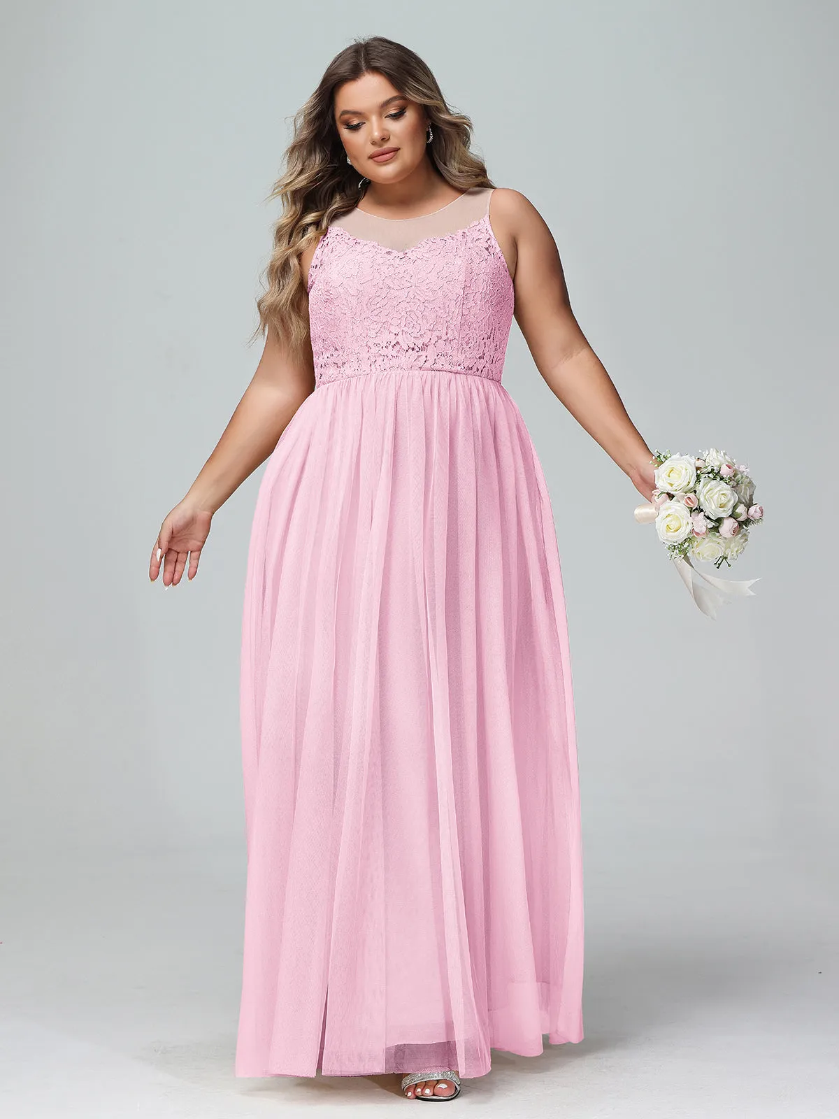 Illusion Neckline Lace and Tulle Maxi Dress-Candy Pink Plus Size
