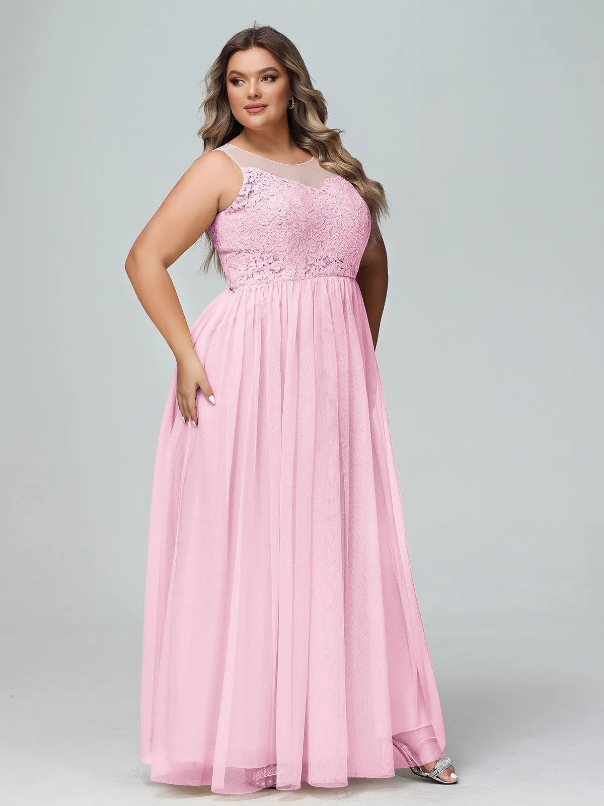 Illusion Neckline Lace and Tulle Maxi Dress-Candy Pink Plus Size