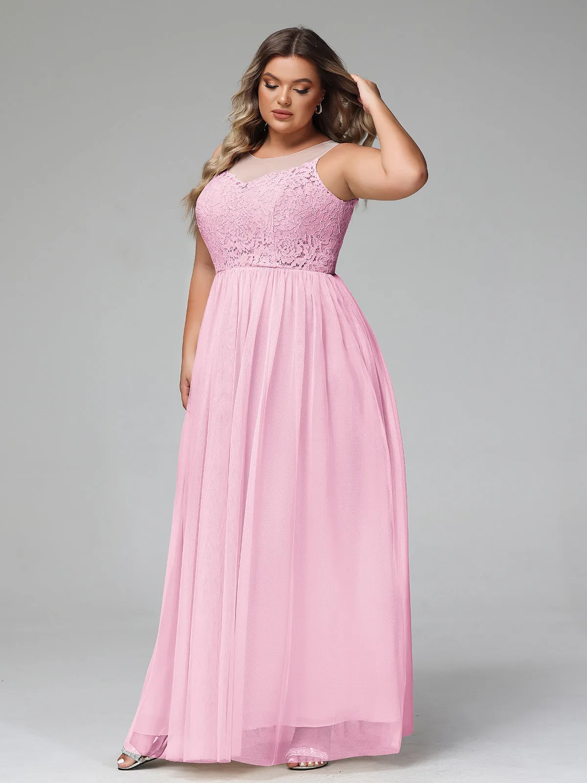 Illusion Neckline Lace and Tulle Maxi Dress-Candy Pink Plus Size