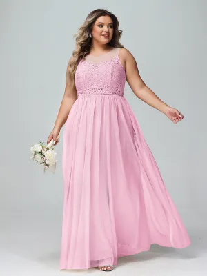Illusion Neckline Lace and Tulle Maxi Dress-Candy Pink Plus Size