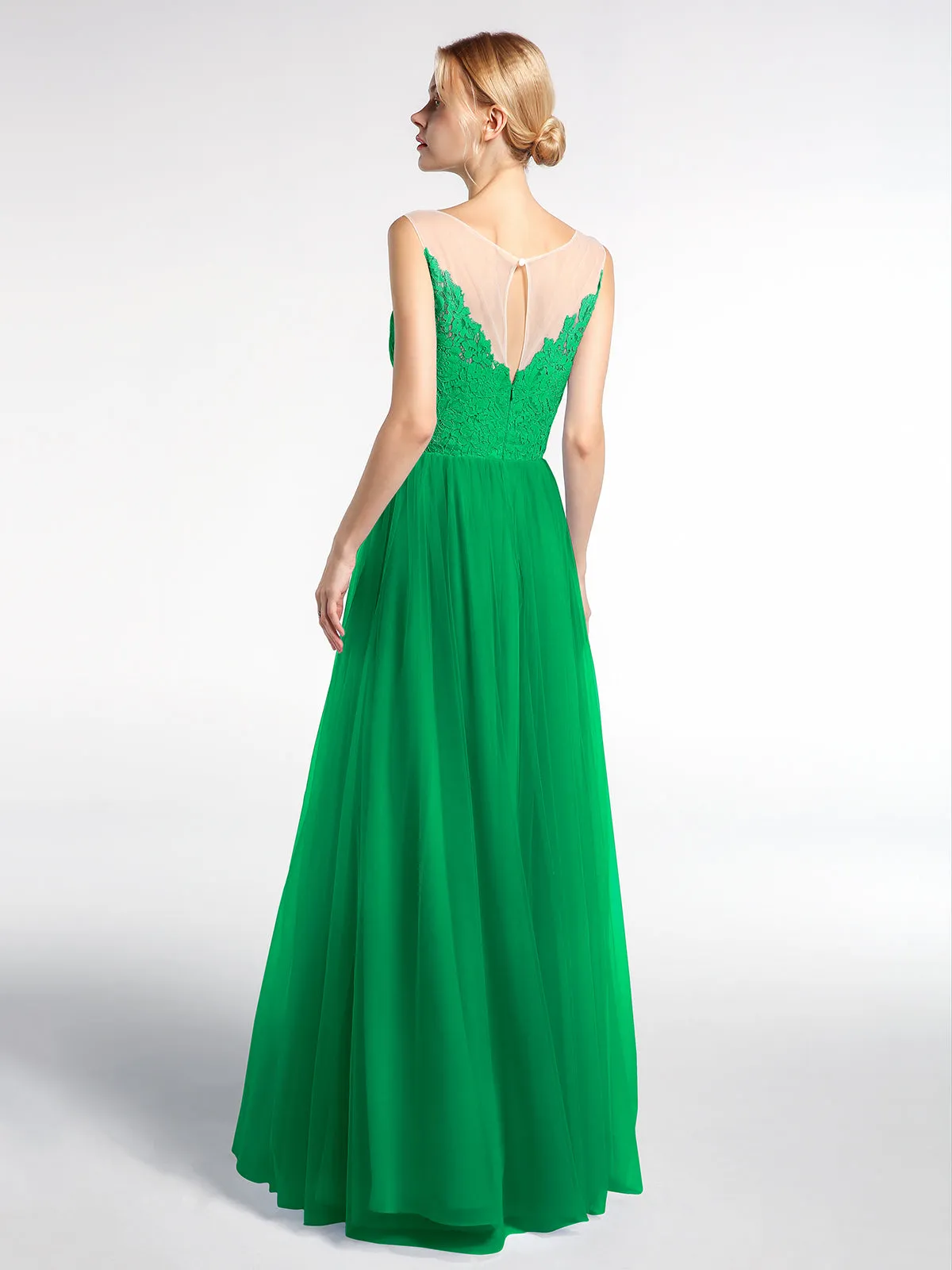 Illusion Neckline Lace and Tulle Maxi Dress-Emerald