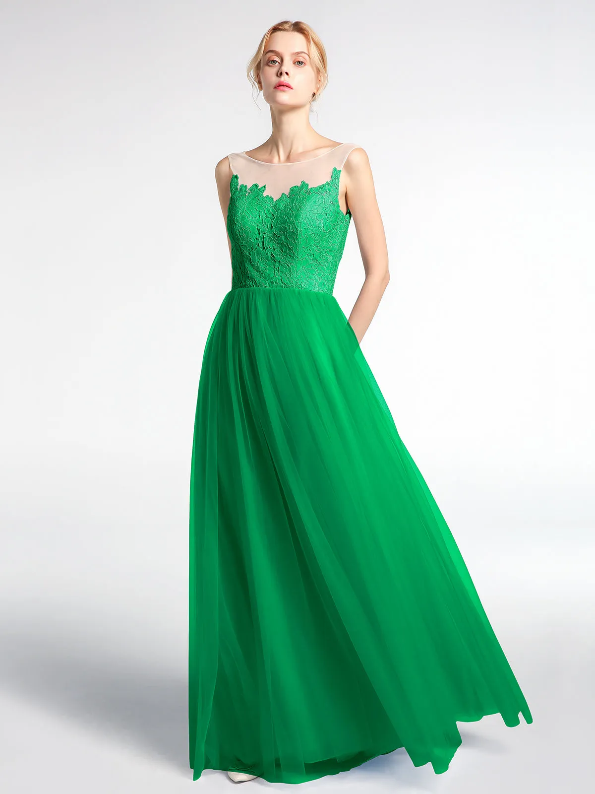Illusion Neckline Lace and Tulle Maxi Dress-Emerald
