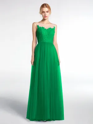 Illusion Neckline Lace and Tulle Maxi Dress-Emerald
