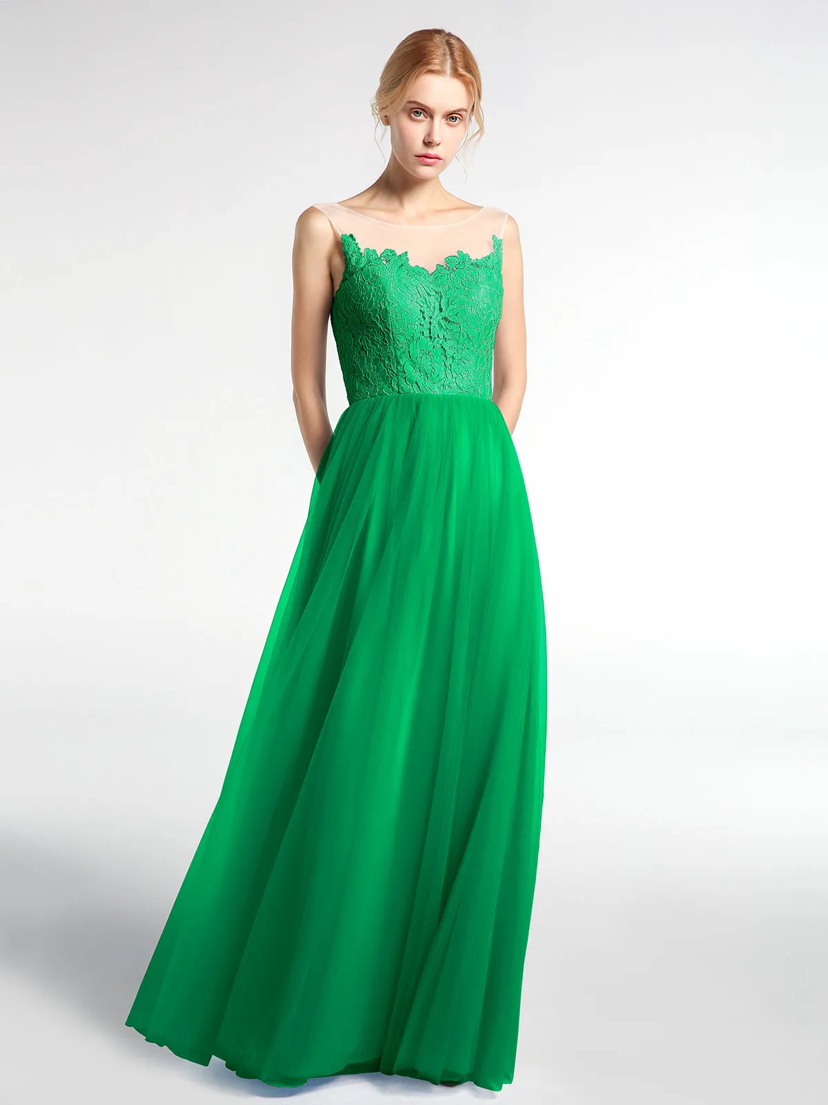 Illusion Neckline Lace and Tulle Maxi Dress-Emerald