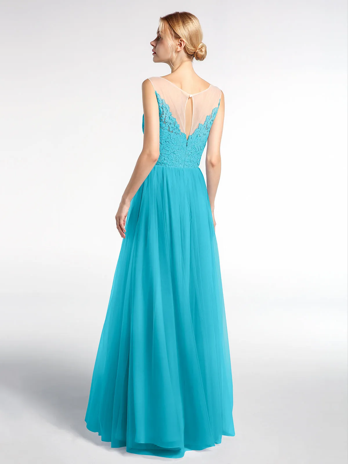 Illusion Neckline Lace and Tulle Maxi Dress-Jade